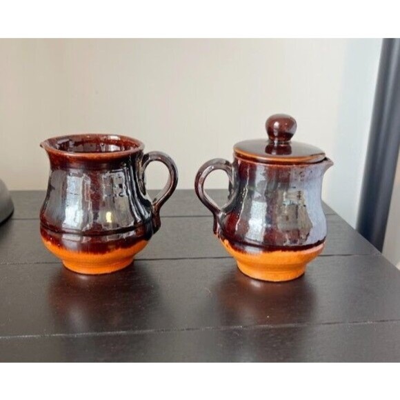 Set of vintage cream and sugar pottery with lid - Picture 3 of 10